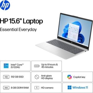 HP LAPTOP, 15-FD0250WM, INTEL CORE i5 - 1334U, 13TH GEN PROCESSOR, 512GB SSD, 8GB DDR4 RAM, 15.6" HD LED SCREEN, 3SELL, WIN 11HOME, NATURAL SILVER