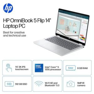 HP LAPTOP OMNIBOOK 5 FLIP, 14-FP0013DX, INTEL CORE 5, 120U, 8GB DDR5 RAM ONBOARD, 512 SSD, WIN 11 HOME, X360, WIFI, BT, 5MP WEBCAM, 14" TOUCH 2K, IPS 300NITS